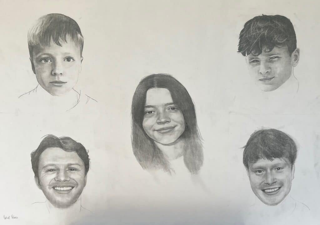 A pencil drawing of five people’s faces on a white background, arranged with two young males at the top, a young woman in the center, and two adult males at the bottom, all with neutral or smiling expressions.