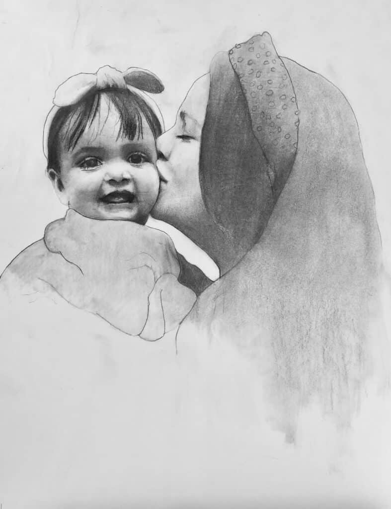 A pencil drawing of a smiling baby wearing a headband, being kissed on the cheek by a woman in a headscarf. The woman’s face is in profile, creating a tender, loving scene.