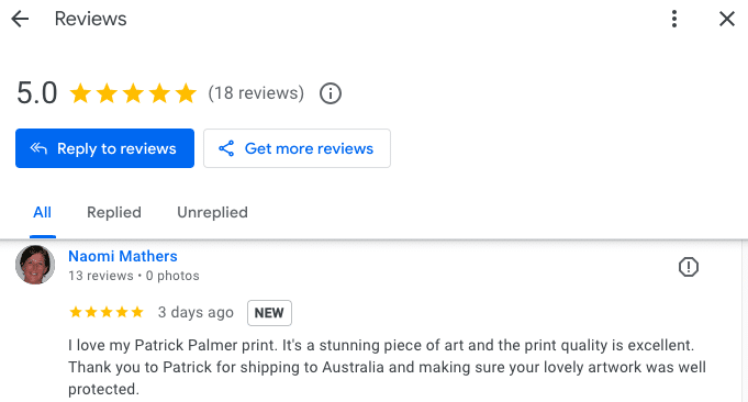 A 5-star Google review page shows a customer praising Patrick Palmer’s print for its quality and safe shipping to Australia, with 18 reviews and a highlighted comment from Naomi Mathers.