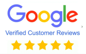 Google logo above the words Verified Customer Reviews with five gold stars displayed underneath, highlighting a high customer rating for Children's Portraits.